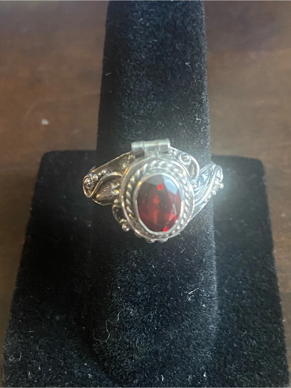 Sterling Silver Vintage Garnet Snuff Ring • Hinged Poisen Locket•Statement Ring